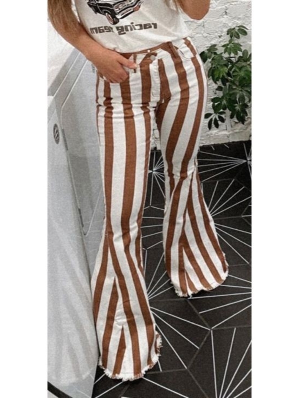 Peach Love California Brown & White Vertical Stripe Flare Pants - Picture 5 of 5